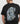 Rear view of a model showing the back of the black Ariiston 'Universe' graphic t-shirt