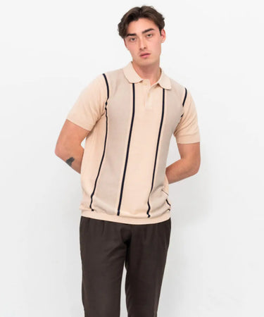 Ariiston Flat-Knit Stripe Polo – Sand